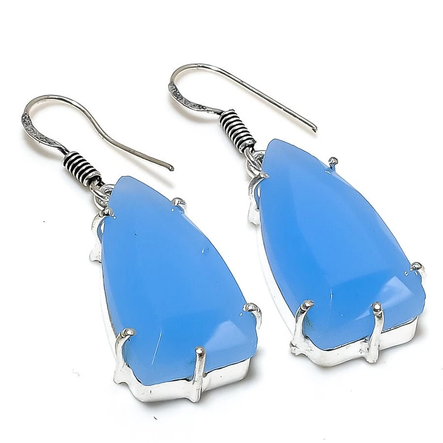 Pendientes enchapados en plata con piedras preciosas de calcedonia azul facetado joyería 2" Foto 1 de 1