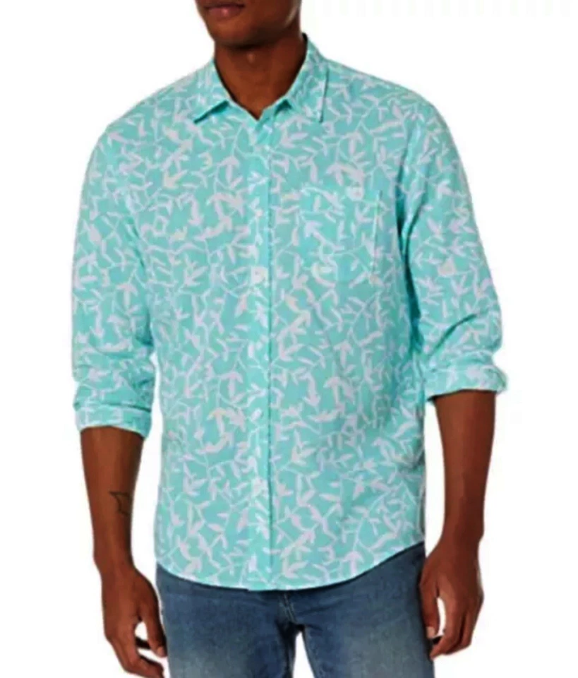 Amazon Essentials Men's Sz XL Green long sleeved linen cotton shirt regular fit