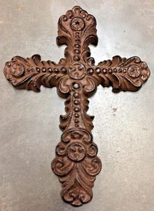 FEMININE FLEUR DE LIS CROSS, Rustic Brown Finish Cast Iron - Picture 1 of 3