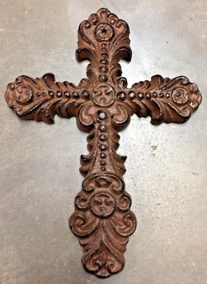FEMININE FLEUR DE LIS CROSS, Rustic Brown Finish Cast Iron - Image 1 of 3