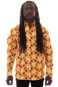 Comycom Herren 70er Langarm Hemd gelb braun geblümt in Comfort Fit - Bild 1 von 7