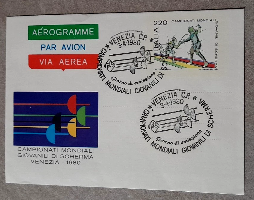 1980 busta primo giorno via aerea campionati di scherma - Immagine 1 di 1