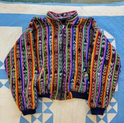 Chaqueta arco iris vintage de algodón ecuatoriano tejida a mano de los años 80 talla L Foto 1 de 4