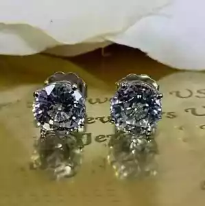 Solid 14K White Gold Moissanite Stud Earrings 2 CT Round Brilliant Cut For Women - Picture 1 of 5
