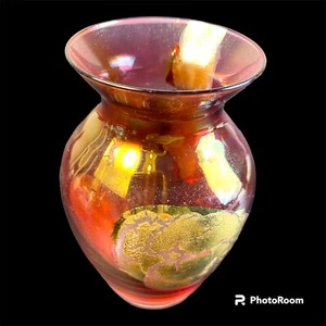 Small 4.75” Tall x 3” Wide Pink Vase Gold Leaf Crackle Overlay Detail Handblown - Picture 1 of 11