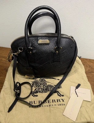 Authentic BURBERRY Black Leather Handbag Grain Check Orchard Bowling w Strap - Image 1 of 4