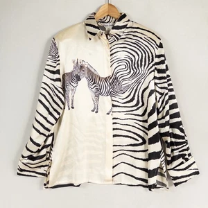 Paolo Santini Shirt Blouse Sz 10 Black Ivory Zebra Print Button Up 100% Silk Vtg - Picture 1 of 8