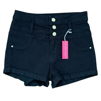 Pantalones Cortos de Jean Refuge Cintura Alta Talla 4 Negros Bolsillos con Puños Elastizados Cremallera-Vuela Foto 1 de 4