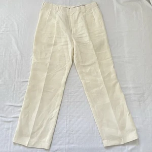 RALPH LAUREN Purple Label Men Trousers 100% Linen Cream 34/29 Pleat Classy Italy - Picture 1 of 14
