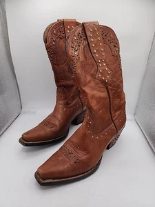 Womens Ariat Brown Leather Studded Western Cowboy Boots Size 8 B - Picture 1 of 14
