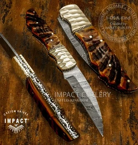 CUSTOM DAMASCUS FOLDING POCKET KNIFE HAND MADE BY IMPACT CUTLERY RAM HORN HANDLE - Picture 1 of 18