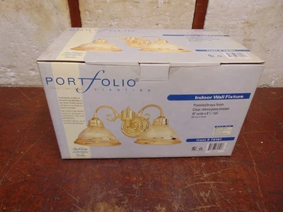 Portfolio Polished Brass Double Wall Sconce Light Ribbed Shades 18" x 8 & 1/4" - Image 1 of 4