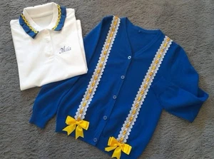 GIRLS ROMANY SPANISH LACE SCHOOL CARDIGAN POLO SHIRT BOWS AGE 3-14 PERSONALISED - Picture 1 of 12