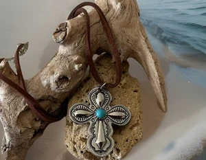 Santa Fe Boho Style Turquoise Cross Pendant Necklace- Silver Plated- New - Picture 1 of 5