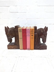 Vintage Horse Wooden Bookends Horse Head Bust Pair Hand Carved Folk Art - Picture 1 of 12