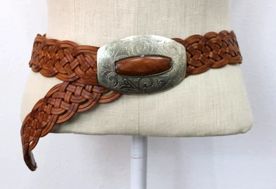 Cinturón Marruecos Trenzado Marrón M/L Chico's Cuero Boho Plata Metal Hebilla De Colección Foto 1 de 4