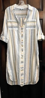 Blue Island | Vestido túnica a rayas con botones | Bolsillos costeros de playa | Talla S Foto 1 de 4