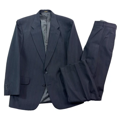 VTG 90s Towncraft 42R 34x30 2pc Pant Suit Navy Blue Stripe USA Wool Pleated - Image 1 of 4