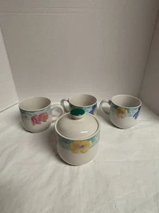Sango Set of 3 Coffee Mugs & Matching Sugar Bowl w/Lid Passion # 4805 Floral - Picture 1 of 13