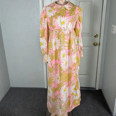 Maxi Vestido Vintage Años 60 70 Hecho a Mano Floral Poliéster Manga Larga Hippy WW15 Foto 1 de 4