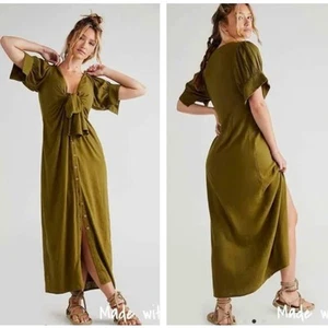 FREE PEOPLE Free-est Vintage Summer Midi Dress Olive Green Sz S {U19} - Picture 1 of 9