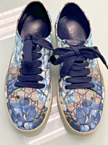 Scarpe sneakers Gucci Supreme GG tela stampa fiori blu 407343 8470