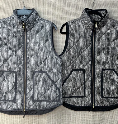 J. Crew Puffer Down Vest Women Medium Black Tan Gray Herringbone Lot Of 2 - Image 1 of 4