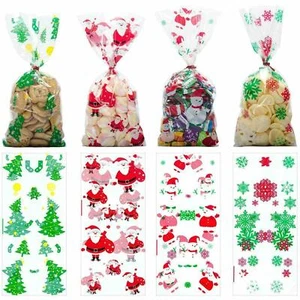 50X Christmas Cellophane Cello Loot Bags Sweet Bag Santa Snowflake Snowman Party - Picture 1 of 22