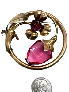 Gold Filled 3 1/4" Fabulous 40's Circular Huge Pink Glass "Flower" Brooch - Picture 1 of 3