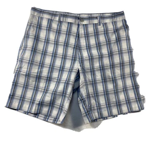 PGA Tour Men’s Size 38 Plaid Chino Shorts Flat Front  Blue Black White Pockets - Picture 1 of 9