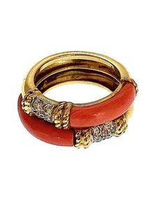 A BRILLIANT CUT DIAMOND & CORAL RING BY KUTCHINSKY 70's SIZE N 1/2 HALMARKED - Picture 1 of 10