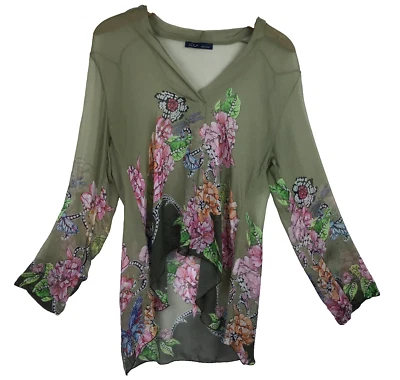 Blusa Lola Hecha en Italia Mujer M Verde Floral Seda Top Libélulas Caprichosa Foto 1 de 4