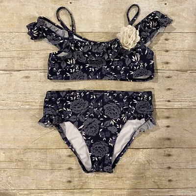 Traje de baño de dos piezas para niñas Janie & Jack azul marino y blanco floral talla 7 Foto 1 de 4
