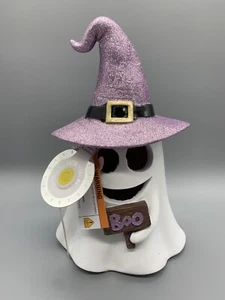 LED LIGHT-UP GHOST W/ PURPLE WITCH HAT 12" FIGURINE HALLOW HOME HALLOWEEN NEW - Picture 1 of 4