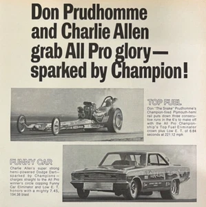 1969 Don Prudhomme Charlie Allen Champion Spark Plugs Vintage 8.5 x 11 ad - Picture 1 of 2