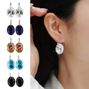 Women 925 Sterling Silver Oval Cubic Zirconia Drop Dangle Earrings Jewellery UK - Picture 1 of 72
