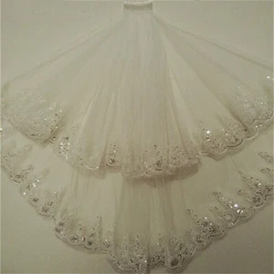 Velo de boda corto con peine con borde de flor lentejuelas de 2 niveles de longitud de 90 cm - Imagen 1 de 5