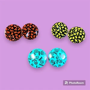 Lot of 3 80's Metal Round Stud Earrings Vintage Graphic Print Bright Colors - Picture 1 of 7