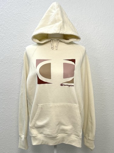 OFF WHITE Felpa con cappuccio pullover CHAMPION donna GRANDE avorio rosa marrone logo grafico usata in ottime condizioni