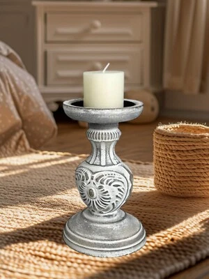 Farmhouse Candle Holder White Washed Natural Wood Pillar Home Decor New - Image 1 of 4