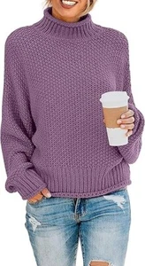 ZESICA Women's Sz S Batwing Purple Turtleneck Oversized Chunky Knitted Sweater - Picture 1 of 6