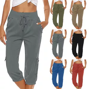 Women's Capri Sweatpants Stretch Joggers Loose Pants Drawstring Pockets Trousers - Picture 1 of 30
