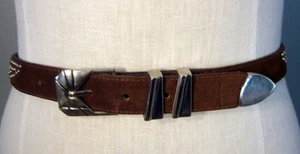 Jana Leather Belt L Brown & Silver Buckle Studded Women's Western Art Deco Boho - Picture 1 of 5