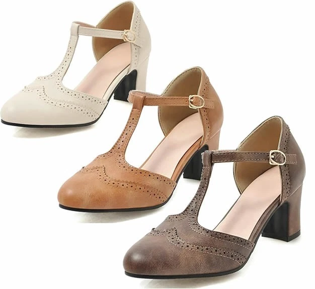 ETEBELLA Brogue Pumps Blockabsatz T Spangen High Heels Sandalen Vintage Mary Jane Schuhe