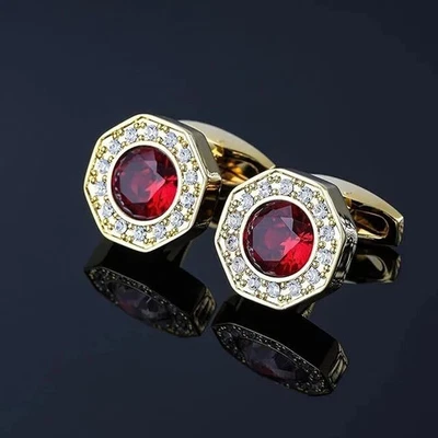 Gemelos redondos de diamantes granate rojo creados en laboratorio de 2 quilates para hombre enchapados en oro amarillo de 14 quilates Foto 1 de 4