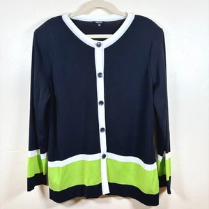 Misook Knit Button Up Cardigan Sweater Sz L Black Green Colorblock Office Mature - Picture 1 of 9