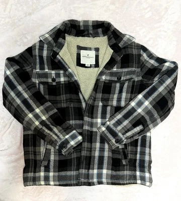American Eagle Black/Gray/Blue Plaid Sherpa Lined Shirt Jacket (L) - Image 1 of 2