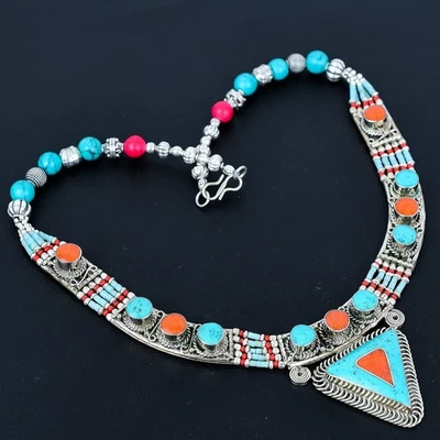 Collana nepalese tibetano in argento sterling 925 fatta a mano corallo... - Immagine 1 di 4