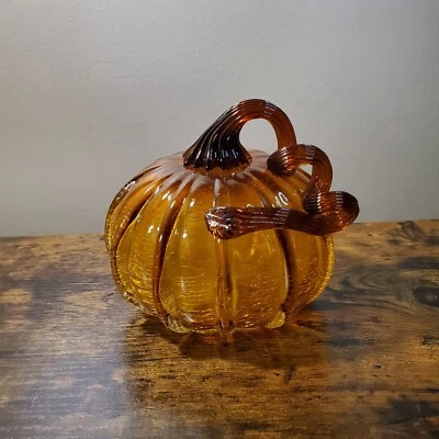 Calabaza de vidrio craquelado naranja ámbar Acción de Gracias Halloween arte decoración soplado a mano Foto 1 de 4