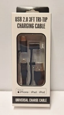 Universal USB Port Charging Cable 3 ft. Tri-Tip for iPhone iPad iPod USB-C Micro - Image 1 of 4